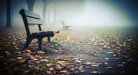 Empty bench in a foggy autumn park with fallen leaves on the groundの素材