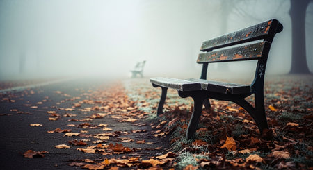 Bench in a foggy park. Autumnal scene. Selective focus.の素材