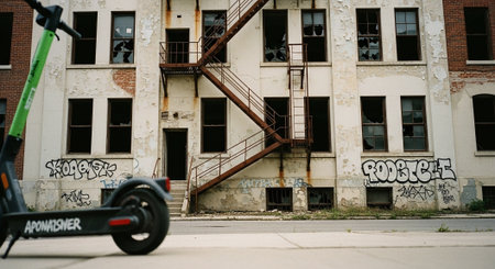 A view of an old abandoned building in Brooklyn, New York.の素材