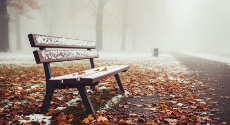 Wooden bench in the park covered with snow and fallen autumn leavesの素材