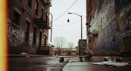 Skateboard on the street. Urban scene. Street art.の素材