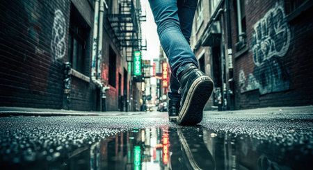 Man walking on a wet road in New York City, USA.の素材