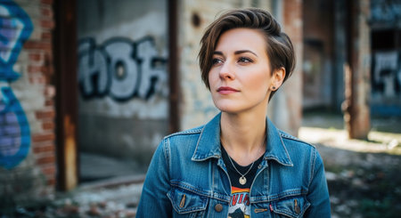 Portrait of a beautiful young woman in a denim jacket in the cityの素材