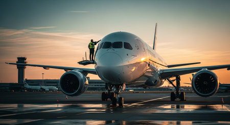 Airplane in the airport at sunset. Transportation and travel concept.の素材