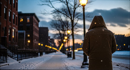 A man in a hooded sweatshirt stands in the middle of a snowy city street at night.の素材