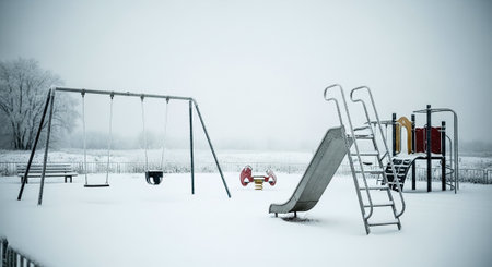Children's playground covered with snow in winter. Selective focus.の素材