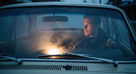 Young man driving a car at night in the light of the headlightsの素材