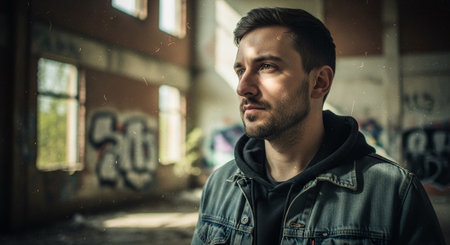 Portrait of a handsome young man with a beard in a jeans jacket in an abandoned buildingの素材