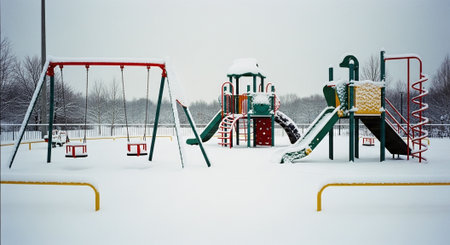 Playground in the park during a snowfall. Winter landscape.の素材