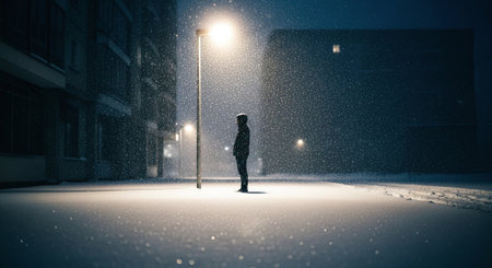 Man standing in the middle of a snowy city street. Mixed mediaの素材