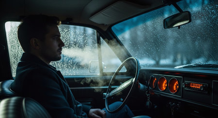 Man driving a car on a rainy day. View from inside.の素材