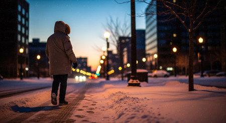 Young woman walking in the city at night in winter. Rear view.の素材