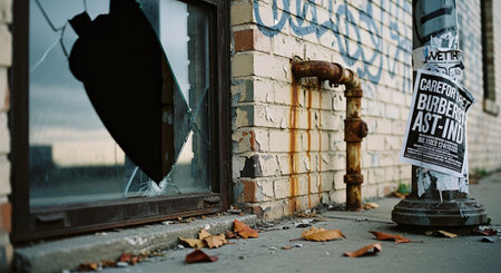 Dramatic urban scene with old broken window and broken glass.の素材