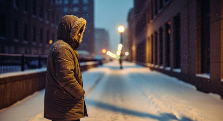 Man walking on the street at night in winter. Snowfall.の素材