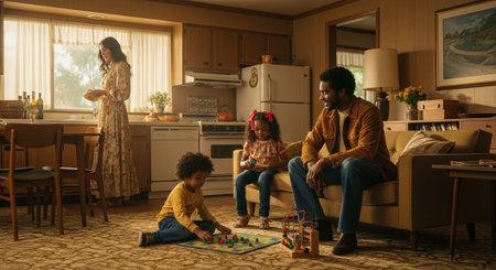 Happy african american family playing board game in living room at homeの素材