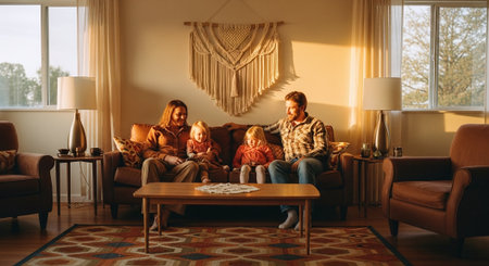 Happy family in living room. Mother, father and children are sitting on sofa and smiling.の素材