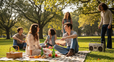 Group of happy friends having picnic in the park on a sunny dayの素材