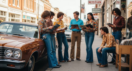 Group of friends on the street with a retro car in the backgroundの素材
