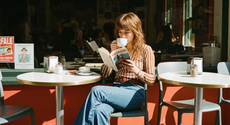 Young woman sitting in a cafe and reading a book. She is drinking coffee.の素材