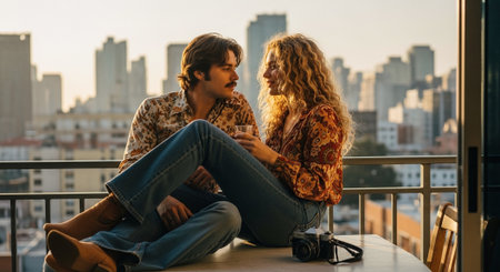 Young couple in love sitting on a balcony and looking at the cityの素材