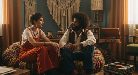 African American couple sitting on sofa at home and talking. Couple in love.の素材