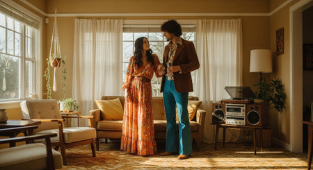 Young couple in love, man and woman, standing in the living room at homeの素材