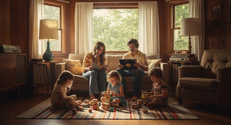 Happy family playing together on the floor in their living room at homeの素材