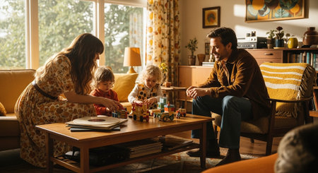 Happy family spending time together at home. Mother, father and children playing togetherの素材