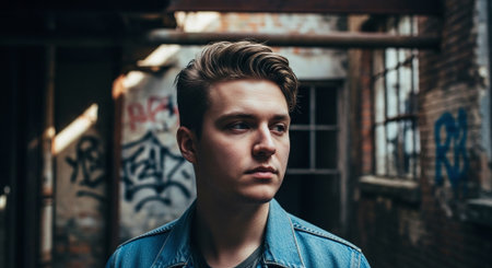 Portrait of a handsome young man in a blue denim jacket standing in an abandoned factory.の素材