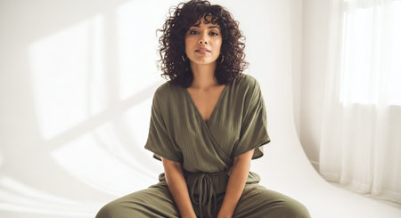 Portrait of a beautiful young woman with curly hair in a green dressの素材