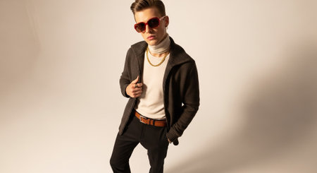 Handsome young man in a black jacket and red sunglasses posing on a white backgroundの素材