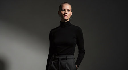 Portrait of a beautiful girl in a black dress on a gray backgroundの素材