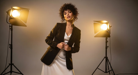 Beautiful young woman with curly hair posing in studio with professional lighting equipmentの素材