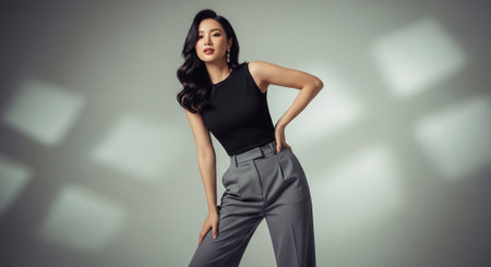 Fashion shot of a beautiful asian woman posing in studio.の素材