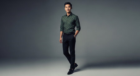 Full length portrait of a handsome asian man posing in studio.の素材