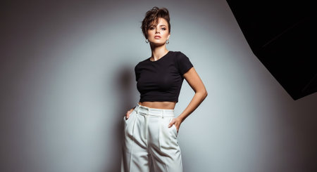 Beautiful young woman in black shirt and white pants posing in studio.の素材