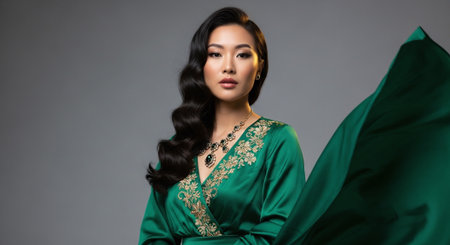 beautiful asian woman in green indian dress on grey backgroundの素材