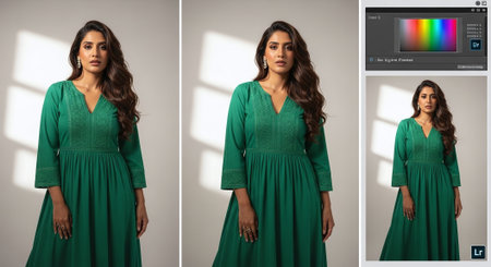 Collage of beautiful young woman in green dress posing on grey backgroundの素材