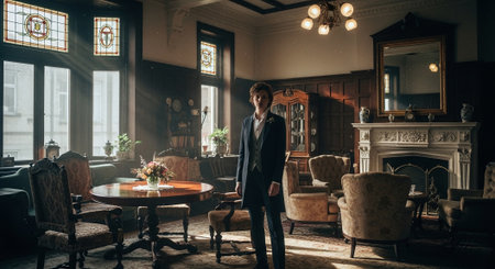 Handsome young man in elegant suit is standing in the interior of an old mansion.の素材
