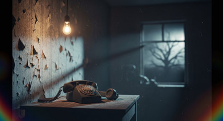 Retro telephone in the dark room. 3d rendering illustration.の素材
