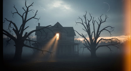 Halloween horror scene with haunted house and old tree. 3d renderの素材