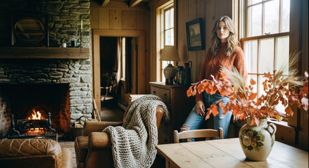 Beautiful young woman at home near the fireplace in autumn season.の素材