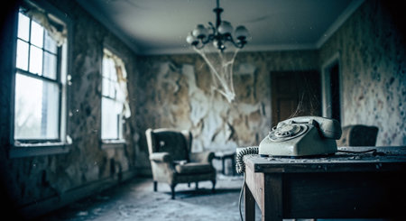 Old telephone in an abandoned room. Vintage style. Horizontal.の素材