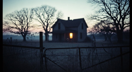 Old house in a meadow at sunset in winter. Selective focus.の素材
