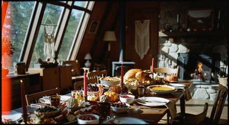 Table served for Thanksgiving dinner in a rustic style. Selective focus.の素材