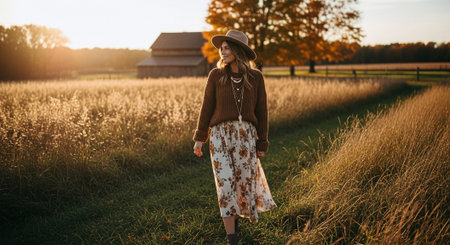 Beautiful girl in a hat walks through the field at sunset.の素材