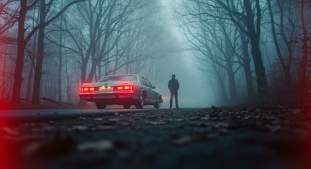 A man in a foggy forest with a car on the roadの素材