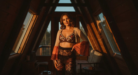 Beautiful girl in underwear posing in the interior of a wooden houseの素材