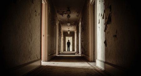 Silhouette of a man in a corridor of an abandoned buildingの素材