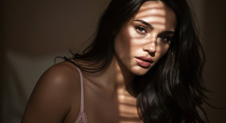 beautiful young woman in lingerie looking at camera, closeupの素材